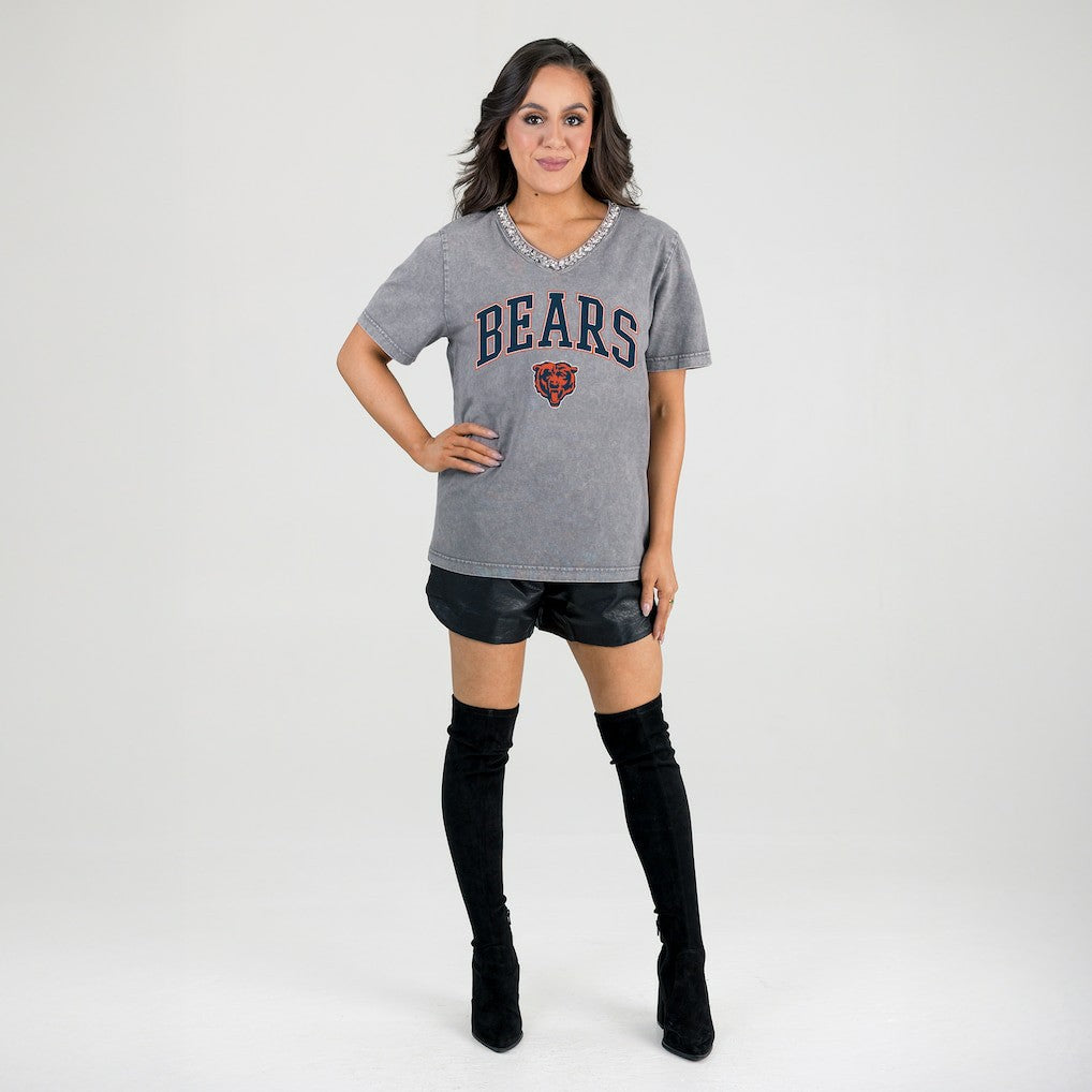 Gameday Couture Women's Relaxed Iconic Edge Rhinestone V-Neck T-Shirt - Chicago Bears