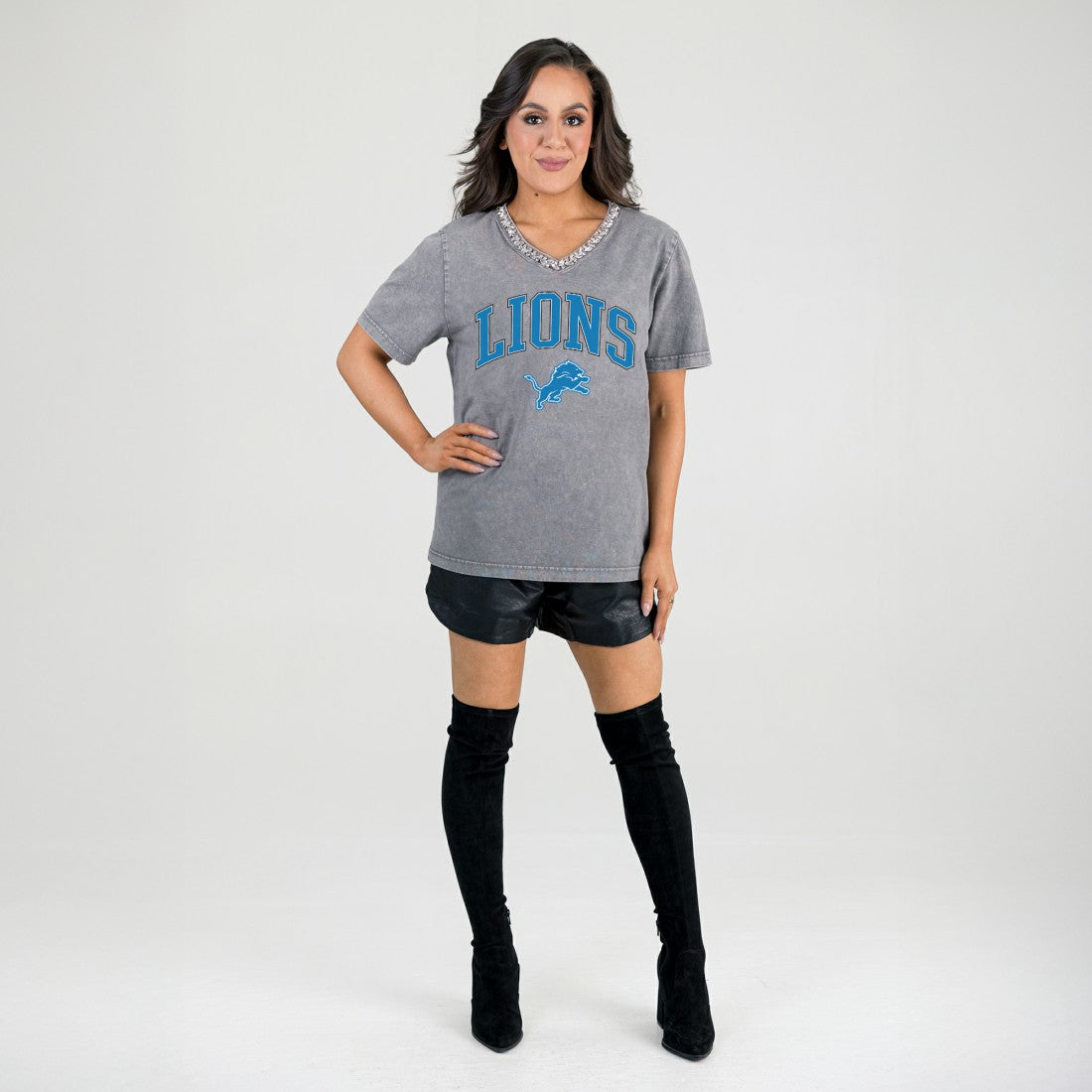 Gameday Couture Women's Relaxed Iconic Edge Rhinestone V-Neck T-Shirt - Detroit Lions