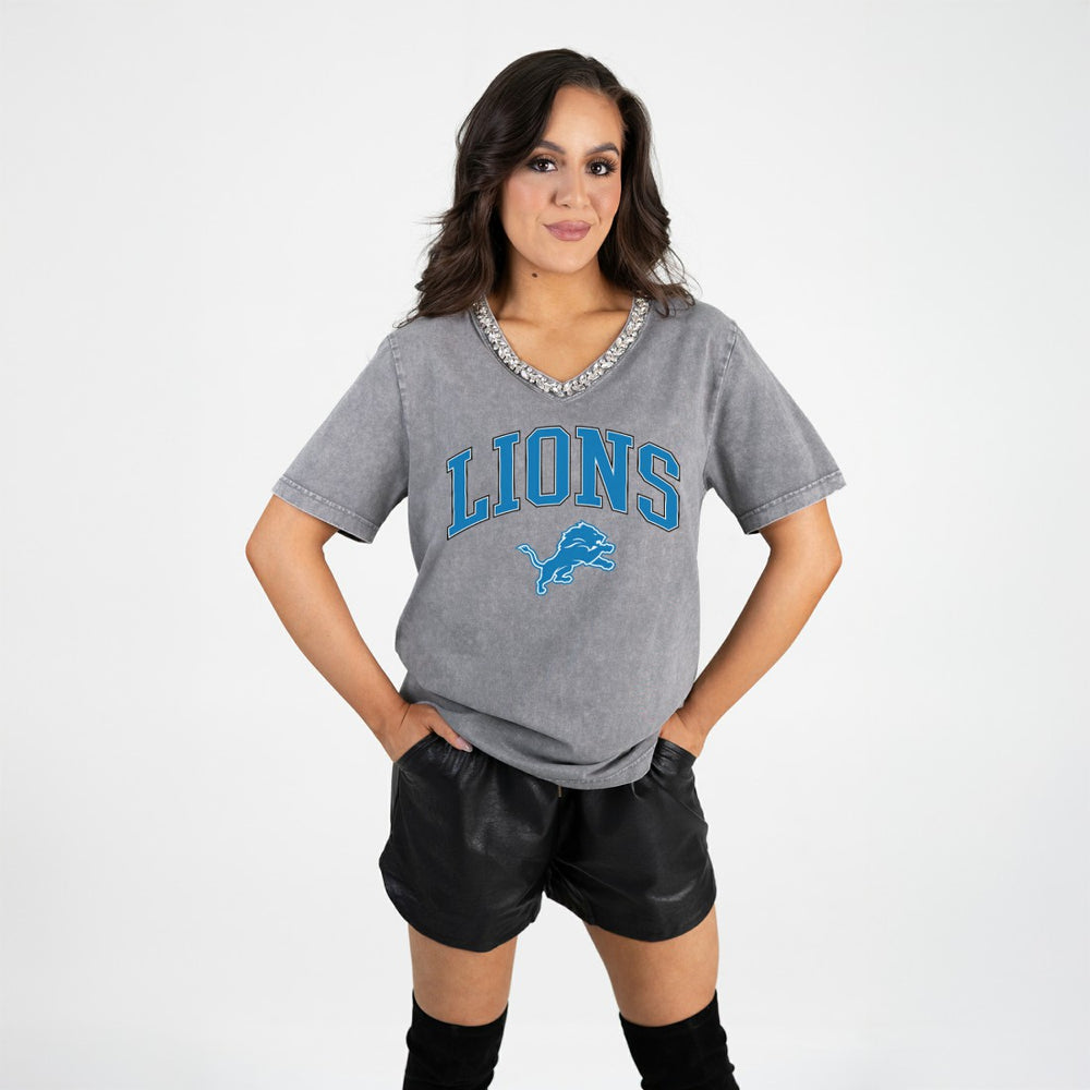 Gameday Couture Women's Relaxed Iconic Edge Rhinestone V-Neck T-Shirt - Detroit Lions