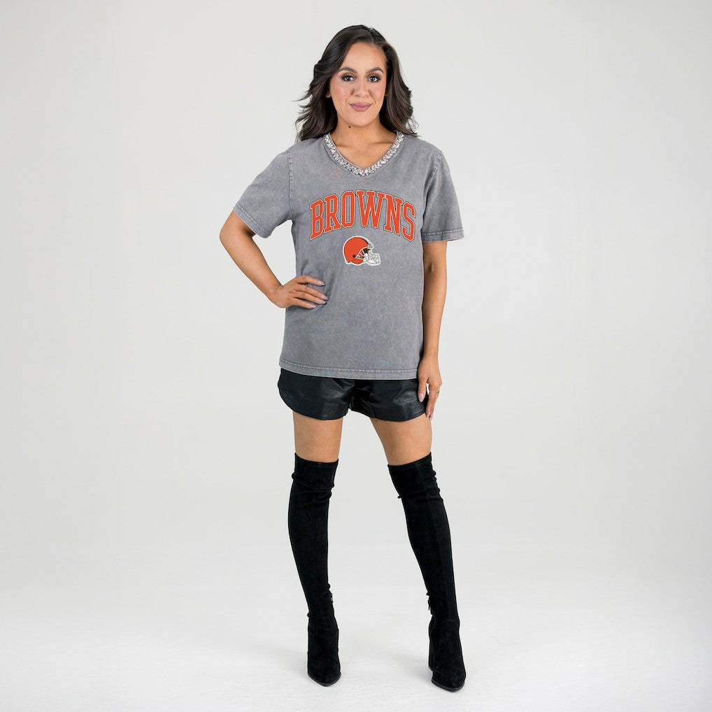 Gameday Couture Women's Relaxed Iconic Edge Rhinestone V-Neck T-Shirt - Cleveland Browns