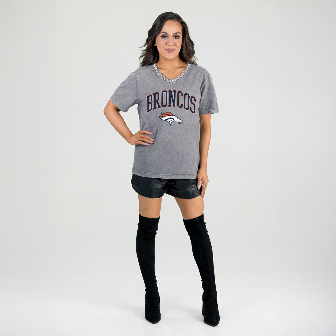 Gameday Couture Women's Relaxed Iconic Edge Rhinestone V-Neck T-Shirt - Denver Broncos