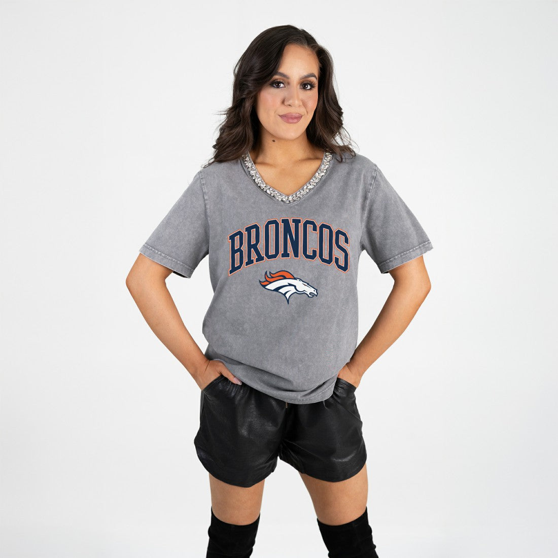 Gameday Couture Women's Relaxed Iconic Edge Rhinestone V-Neck T-Shirt - Denver Broncos