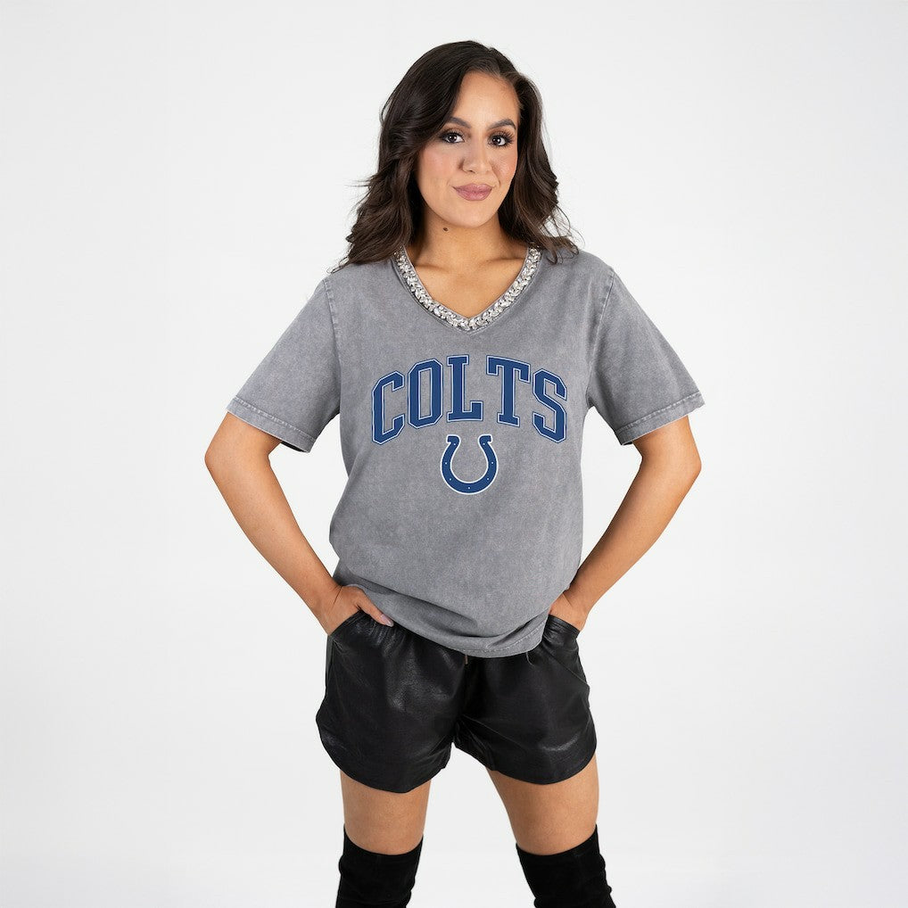 Gameday Couture Women's Relaxed Iconic Edge Rhinestone V-Neck T-Shirt - Indianapolis Colts