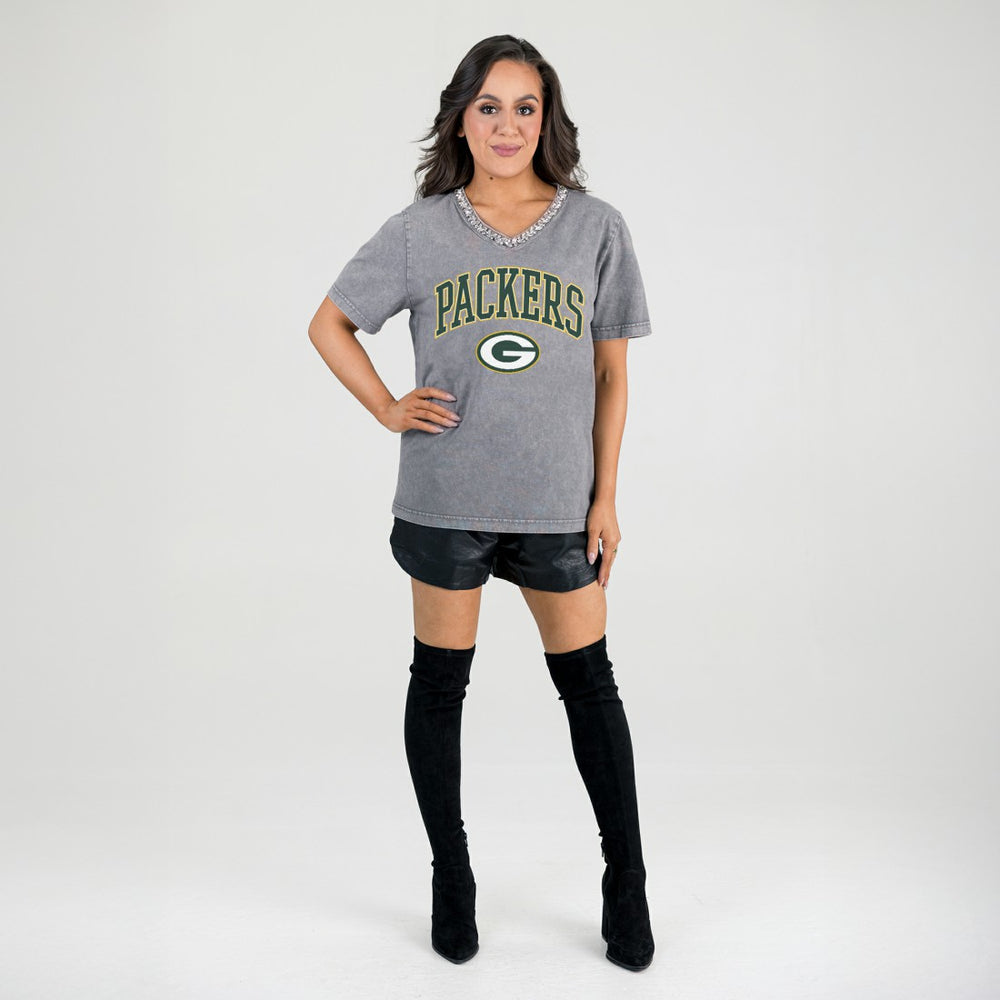 Gameday Couture Women's Relaxed Iconic Edge Rhinestone V-Neck T-Shirt - Green Bay Packers
