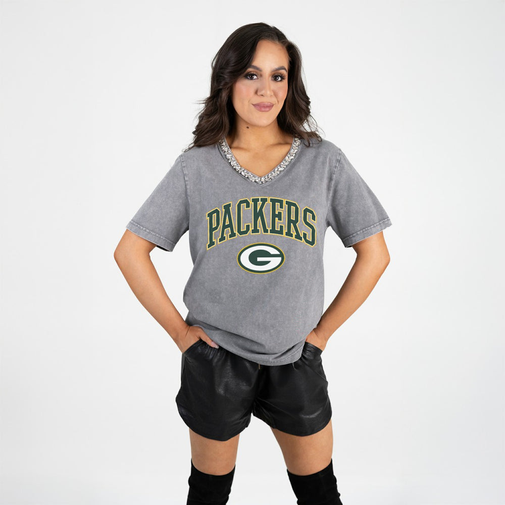 Gameday Couture Women's Relaxed Iconic Edge Rhinestone V-Neck T-Shirt - Green Bay Packers