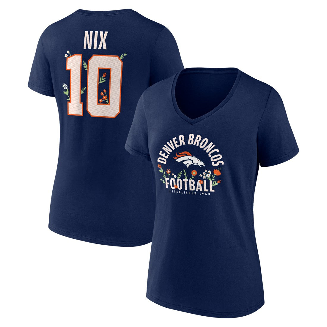 Bo Nix  Women's Floral Name & Number V-Neck T-Shirt - Denver Broncos