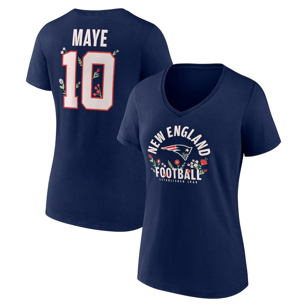 Drake Maye  Women's Floral Name & Number V-Neck T-Shirt - New England Patriots