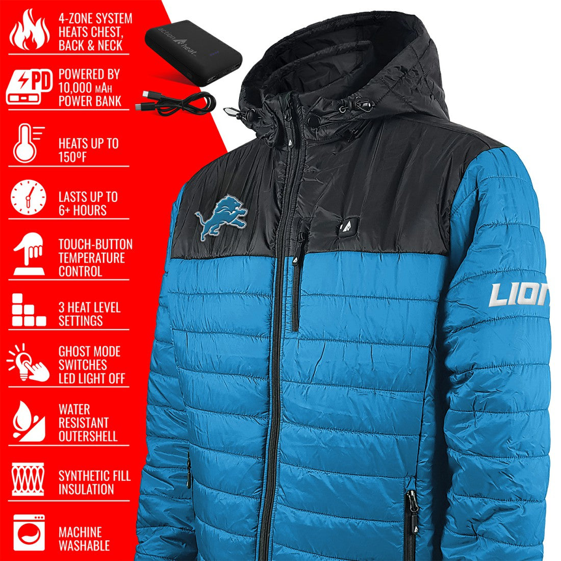ActionHeat 5V Battery Heated Colorblock Full-Zip Puffer Jacket - Detroit Lions