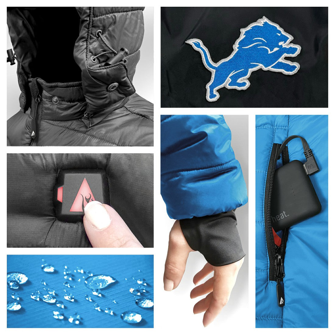 ActionHeat 5V Battery Heated Colorblock Full-Zip Puffer Jacket - Detroit Lions