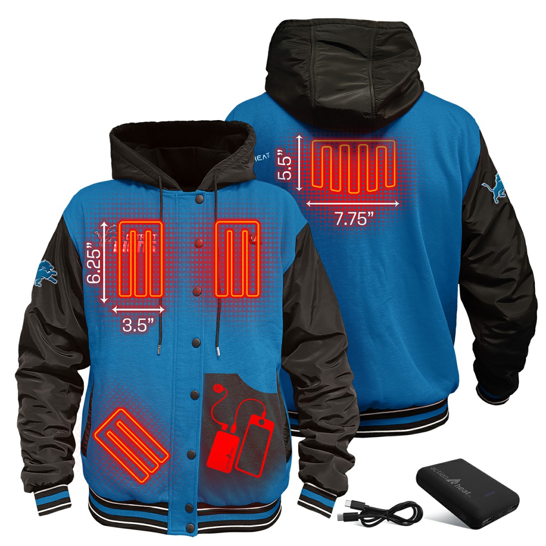 ActionHeat 5V Battery Heated Full-Snap Varsity Jacket - Detroit Lions