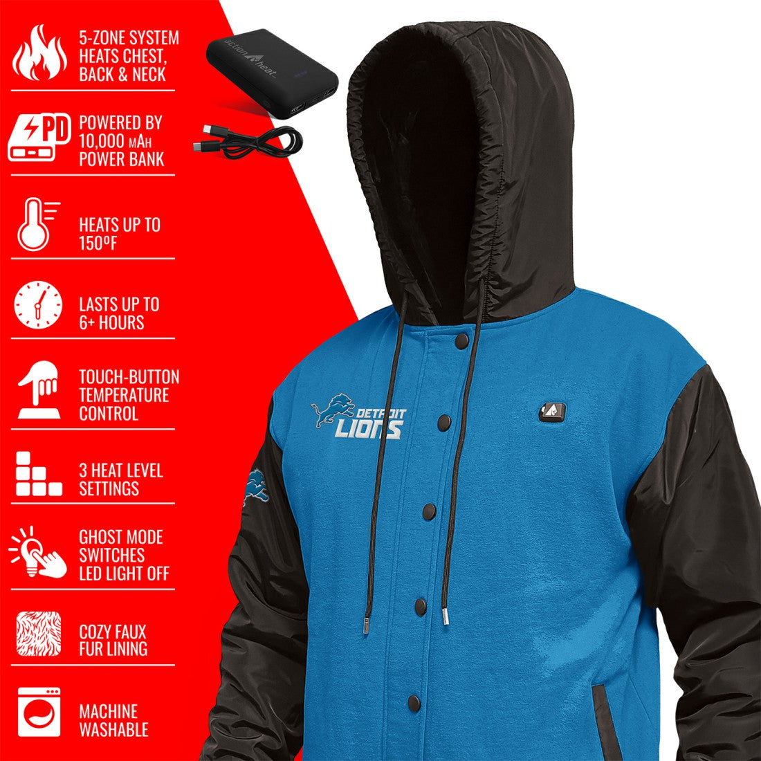 ActionHeat 5V Battery Heated Full-Snap Varsity Jacket - Detroit Lions