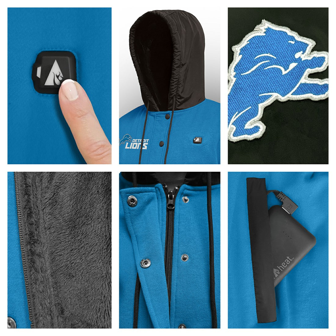ActionHeat 5V Battery Heated Full-Snap Varsity Jacket - Detroit Lions