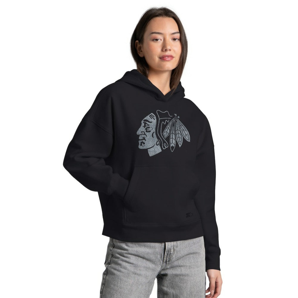 NHL Black Chicago Blackhawks Starter Women's Rhinestone Relaxed Hoodie