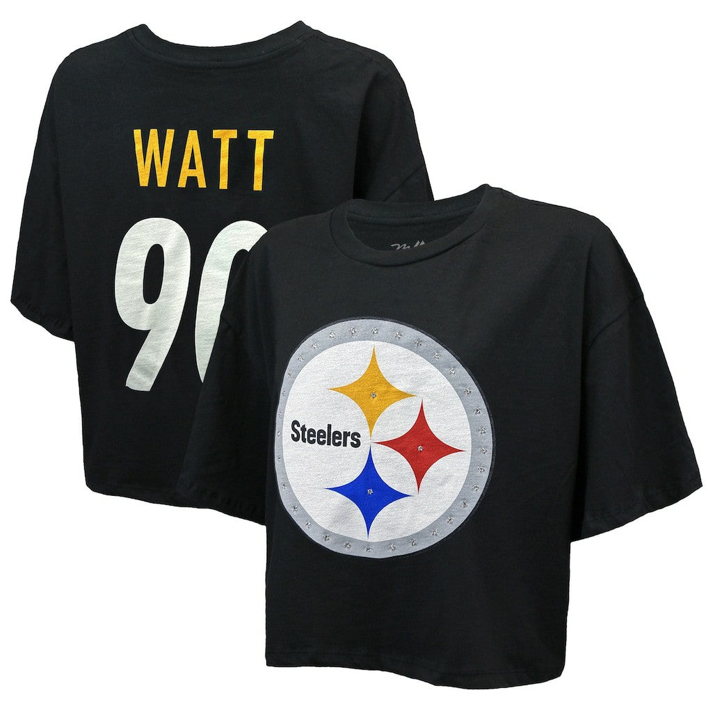 T.J. Watt  Majestic Threads Women's Swarovski Crystals Boxy Cropped Name & Number T-Shirt - Pittsburgh Steelers
