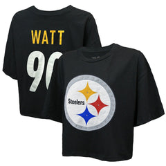 T.J. Watt  Majestic Threads Women's Swarovski Crystals Boxy Cropped Name & Number T-Shirt - Pittsburgh Steelers