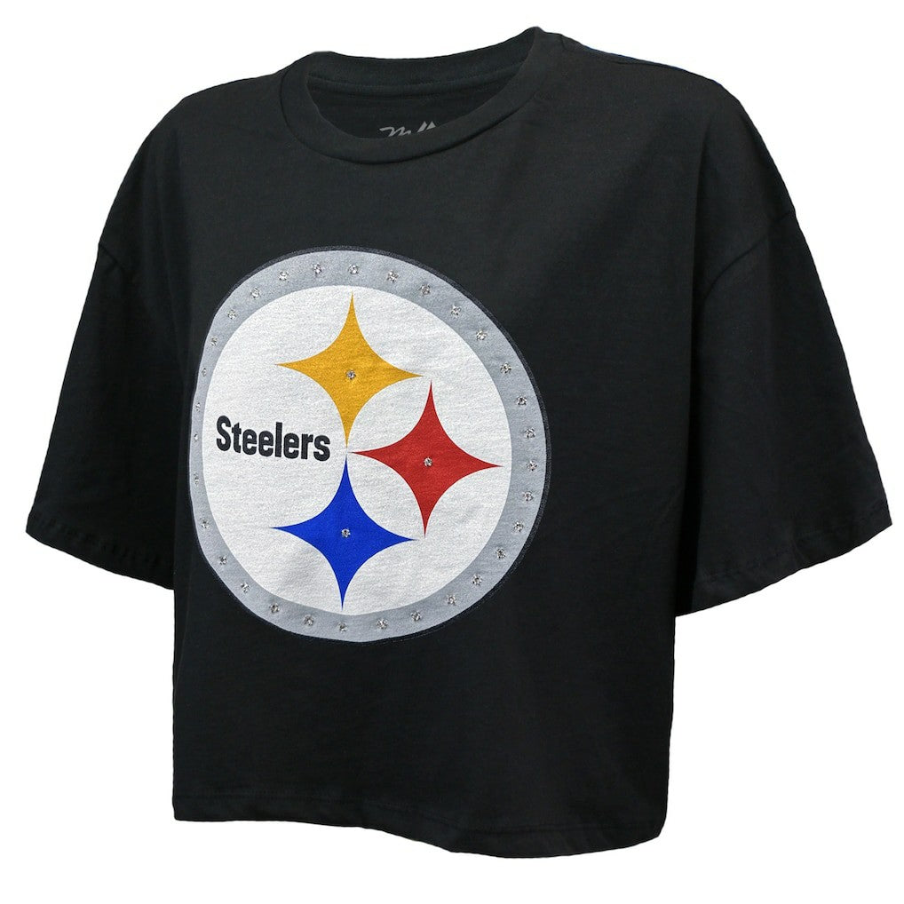 T.J. Watt  Majestic Threads Women's Swarovski Crystals Boxy Cropped Name & Number T-Shirt - Pittsburgh Steelers