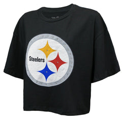 T.J. Watt  Majestic Threads Women's Swarovski Crystals Boxy Cropped Name & Number T-Shirt - Pittsburgh Steelers