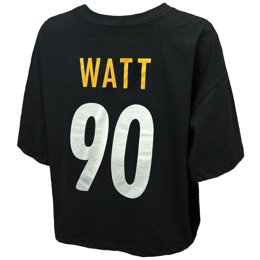T.J. Watt  Majestic Threads Women's Swarovski Crystals Boxy Cropped Name & Number T-Shirt - Pittsburgh Steelers