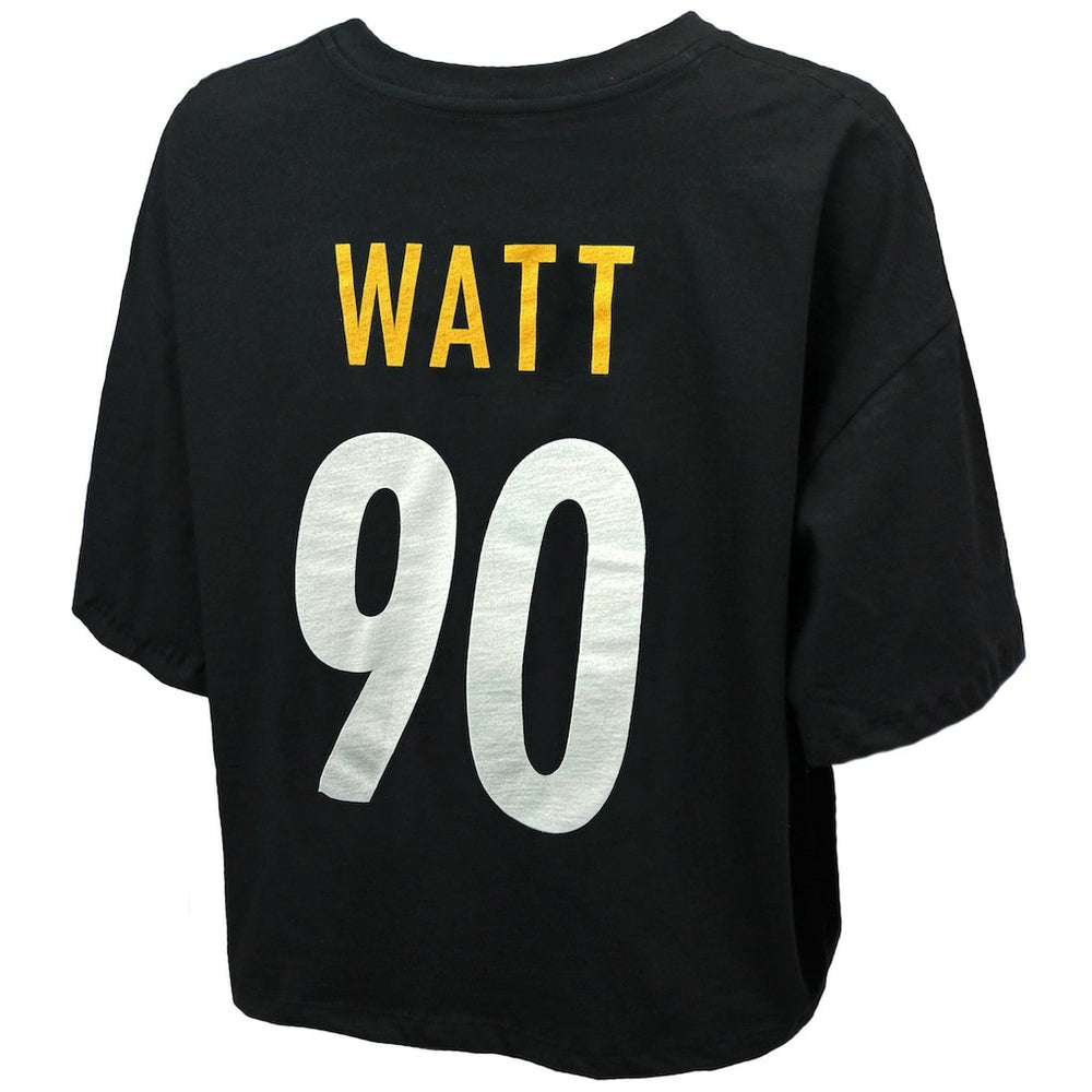 T.J. Watt  Majestic Threads Women's Swarovski Crystals Boxy Cropped Name & Number T-Shirt - Pittsburgh Steelers