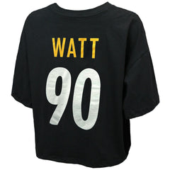 T.J. Watt  Majestic Threads Women's Swarovski Crystals Boxy Cropped Name & Number T-Shirt - Pittsburgh Steelers