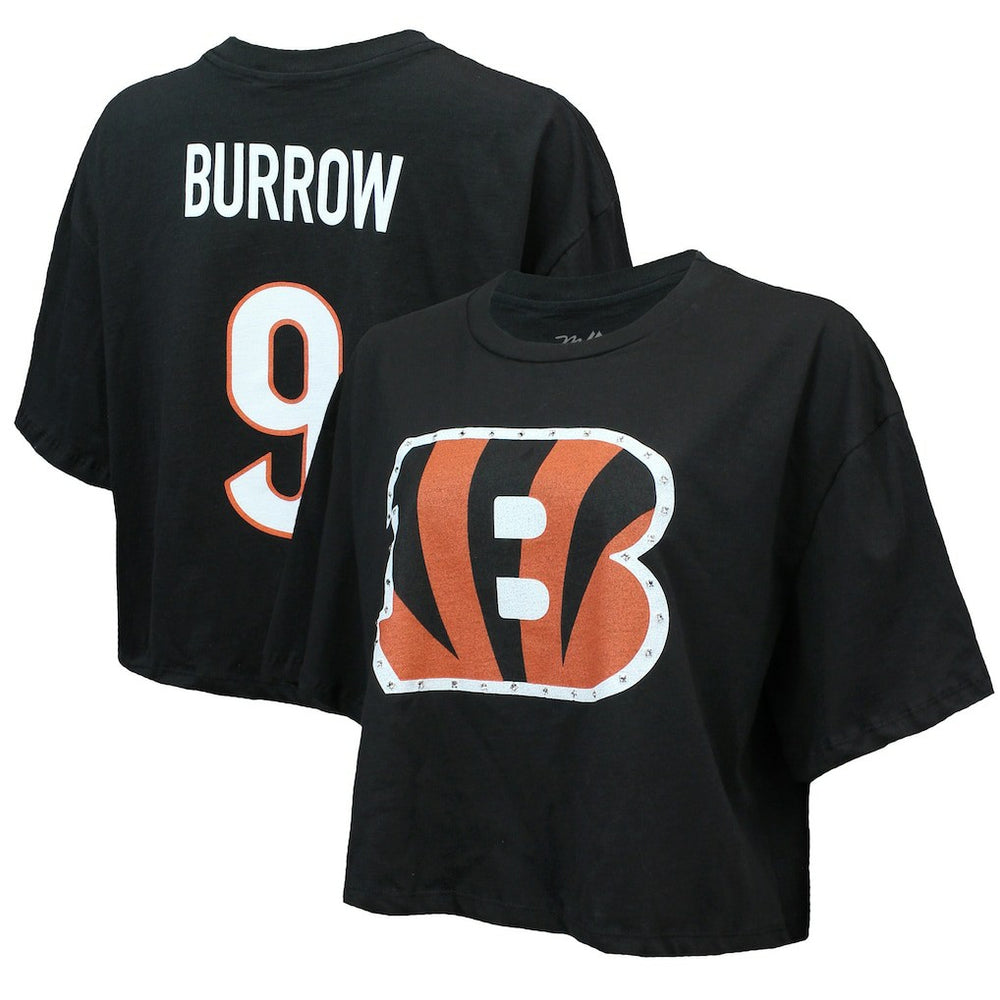 Joe Burrow  Majestic Threads Women's Swarovski Crystals Boxy Cropped Name & Number T-Shirt - Cincinnati Bengals