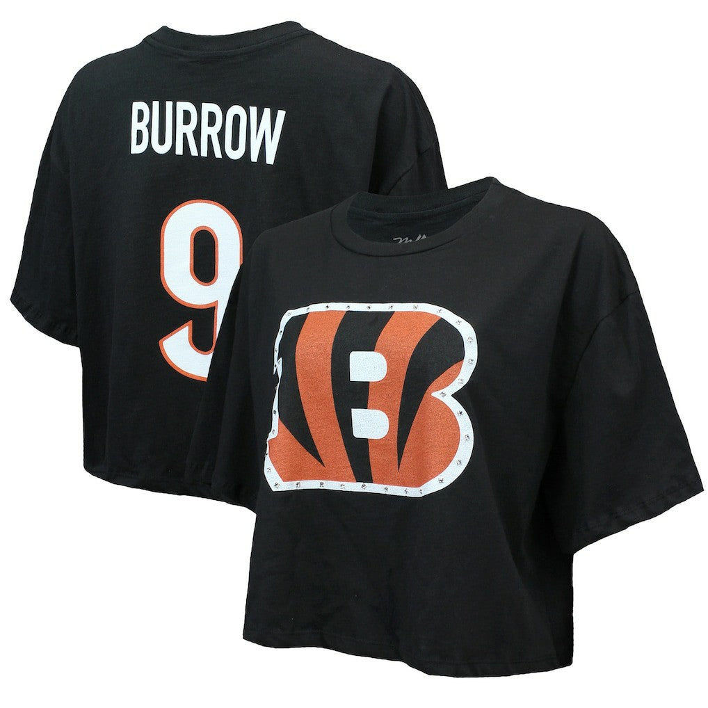 Joe Burrow  Majestic Threads Women's Swarovski Crystals Boxy Cropped Name & Number T-Shirt - Cincinnati Bengals