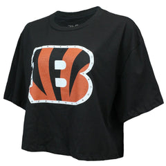 Joe Burrow  Majestic Threads Women's Swarovski Crystals Boxy Cropped Name & Number T-Shirt - Cincinnati Bengals