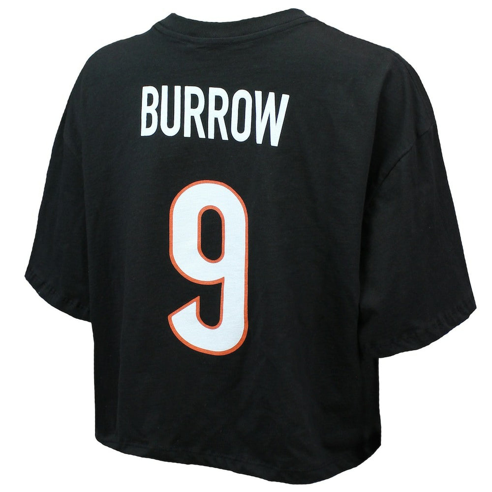 Joe Burrow  Majestic Threads Women's Swarovski Crystals Boxy Cropped Name & Number T-Shirt - Cincinnati Bengals