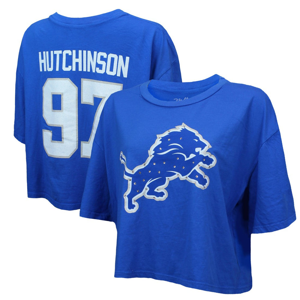 Aidan Hutchinson  Majestic Threads Women's Swarovski Crystals Boxy Cropped Name & Number T-Shirt - Detroit Lions