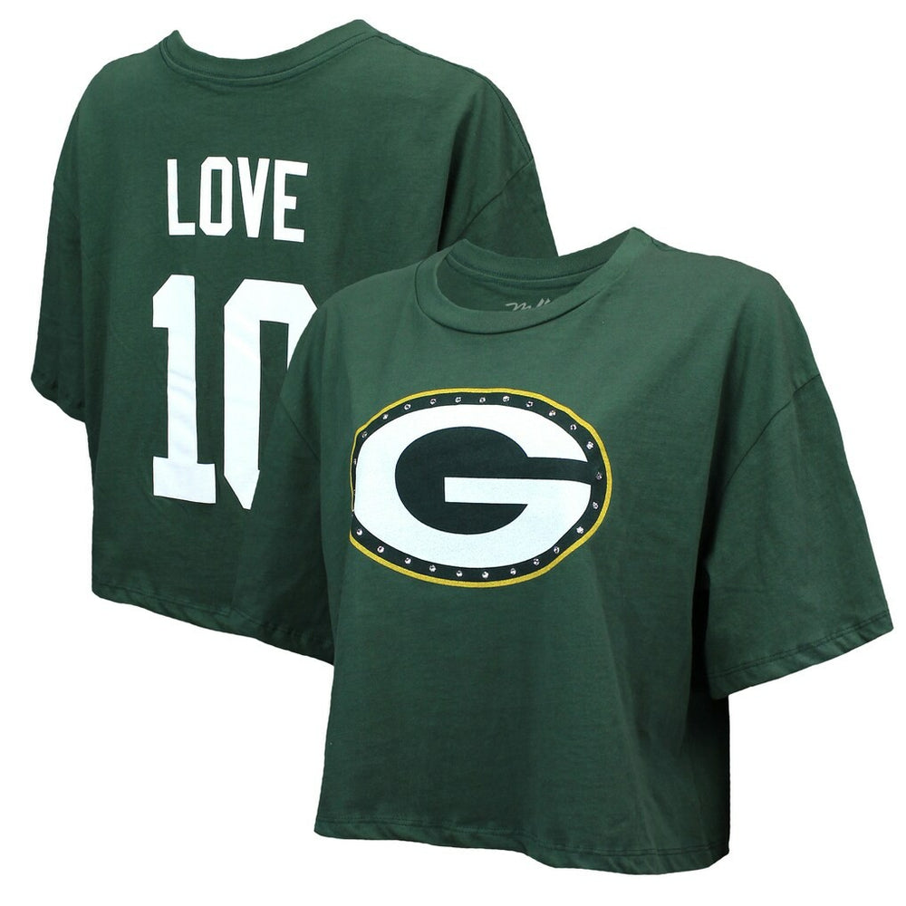 Jordan Love  Majestic Threads Women's Swarovski Crystals Boxy Cropped Name & Number T-Shirt - Green Bay Packers