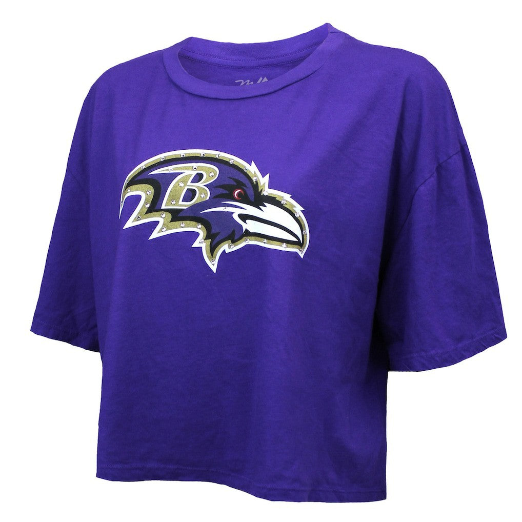 Lamar Jackson  Majestic Threads Women's Swarovski Crystals Boxy Cropped Name & Number T-Shirt - Baltimore Ravens