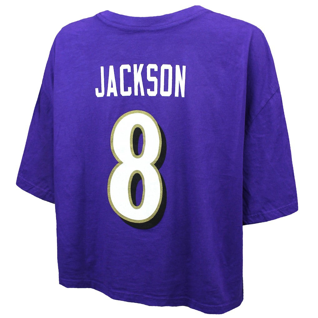 Lamar Jackson  Majestic Threads Women's Swarovski Crystals Boxy Cropped Name & Number T-Shirt - Baltimore Ravens