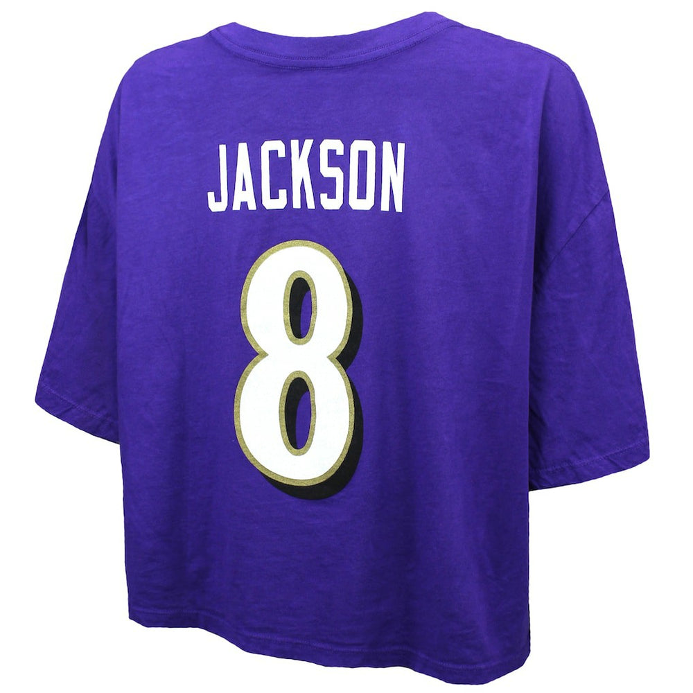 Lamar Jackson  Majestic Threads Women's Swarovski Crystals Boxy Cropped Name & Number T-Shirt - Baltimore Ravens