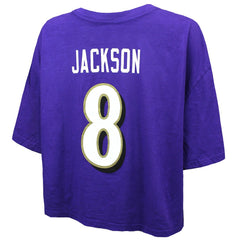 Lamar Jackson  Majestic Threads Women's Swarovski Crystals Boxy Cropped Name & Number T-Shirt - Baltimore Ravens