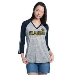 MLB Milwaukee Brewers G-III 4Her by Carl Banks Women's Speed Training 3/4-Sleeve Rhinestone V-Neck T-Shirt