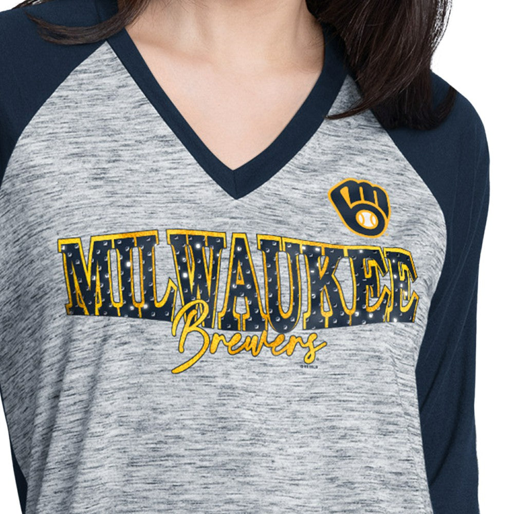 MLB Milwaukee Brewers G-III 4Her by Carl Banks Women's Speed Training 3/4-Sleeve Rhinestone V-Neck T-Shirt