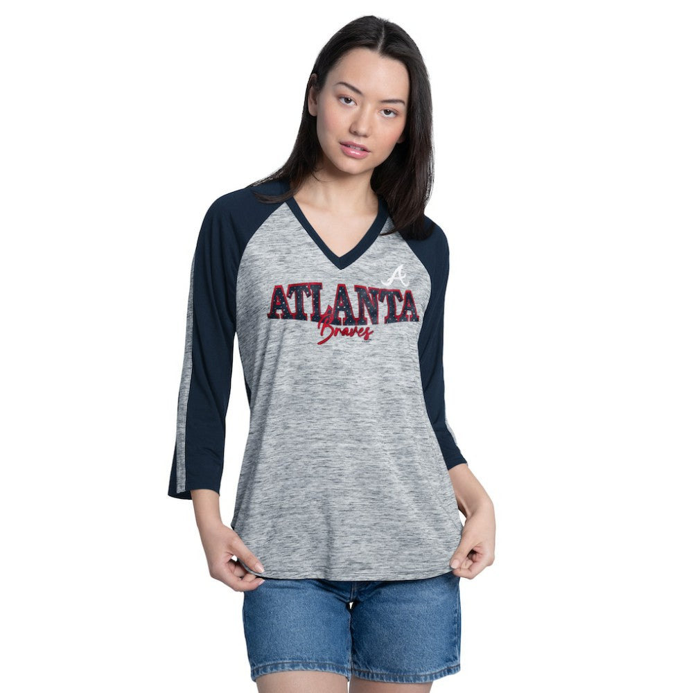 MLB Atlanta Braves G-III 4Her by Carl Banks Women's Speed Training 3/4-Sleeve Rhinestone V-Neck T-Shirt