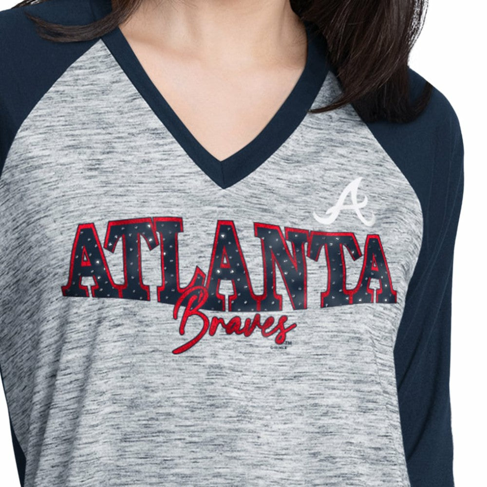 MLB Atlanta Braves G-III 4Her by Carl Banks Women's Speed Training 3/4-Sleeve Rhinestone V-Neck T-Shirt