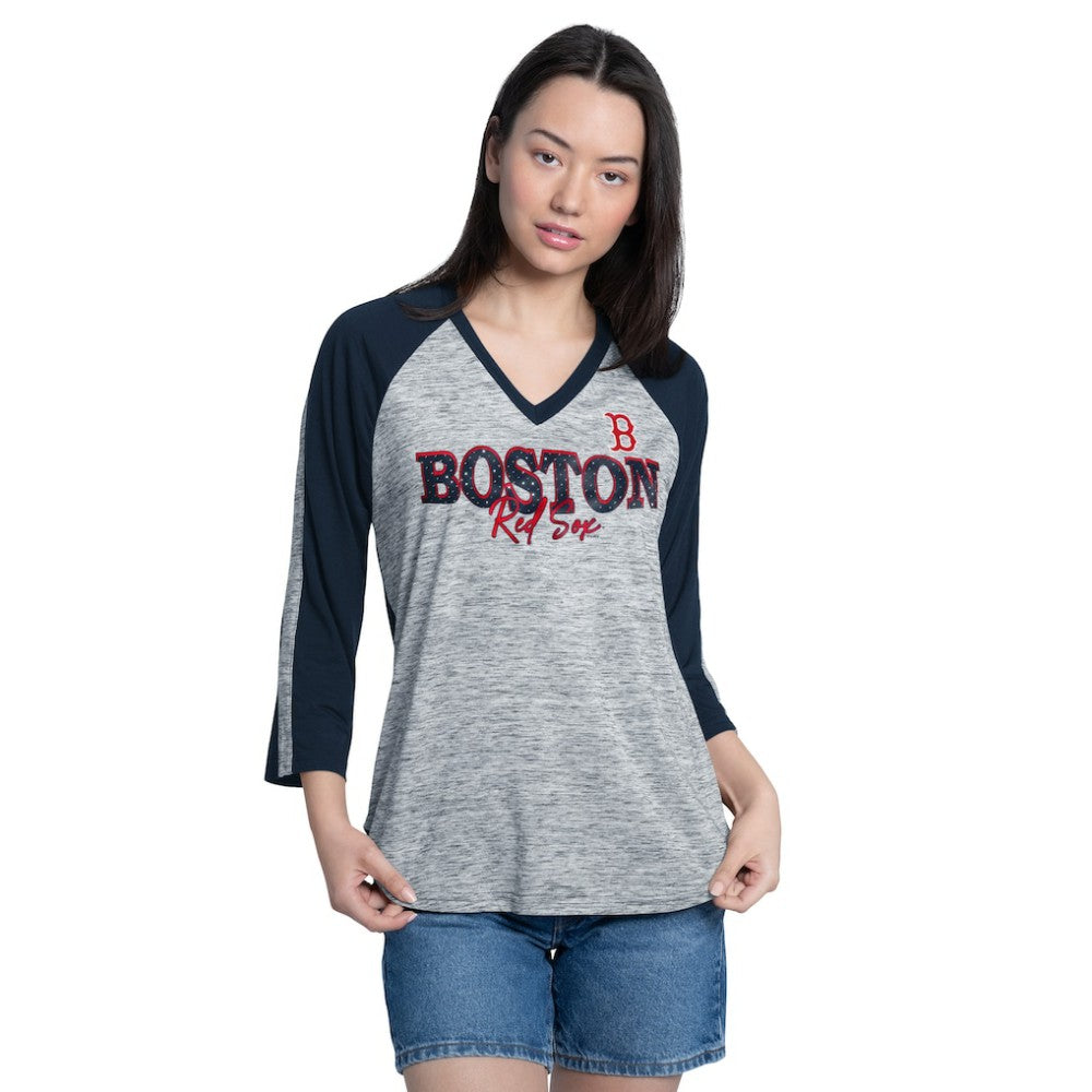 MLB Boston Red Sox G-III 4Her by Carl Banks Women's Speed Training 3/4-Sleeve Rhinestone V-Neck T-Shirt