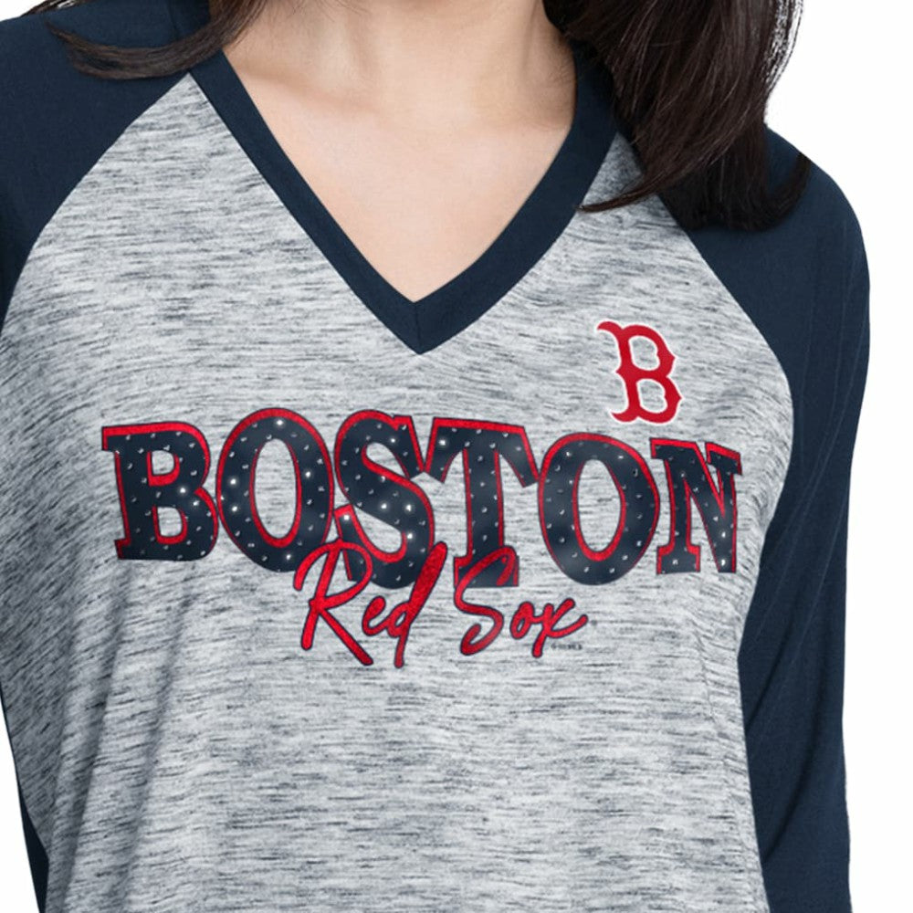 MLB Boston Red Sox G-III 4Her by Carl Banks Women's Speed Training 3/4-Sleeve Rhinestone V-Neck T-Shirt