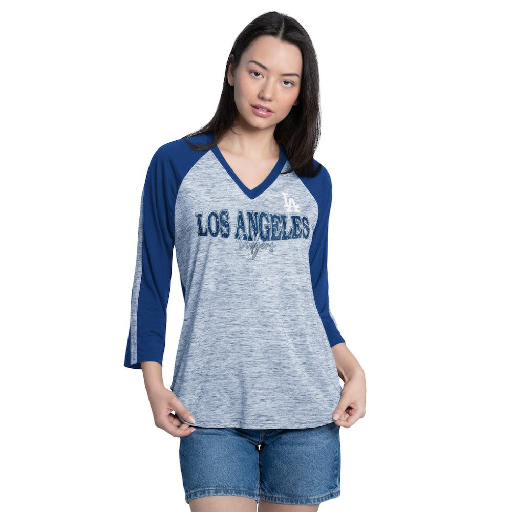MLB Los Angeles Dodgers G-III 4Her by Carl Banks Women's Speed Training 3/4-Sleeve Rhinestone V-Neck T-Shirt