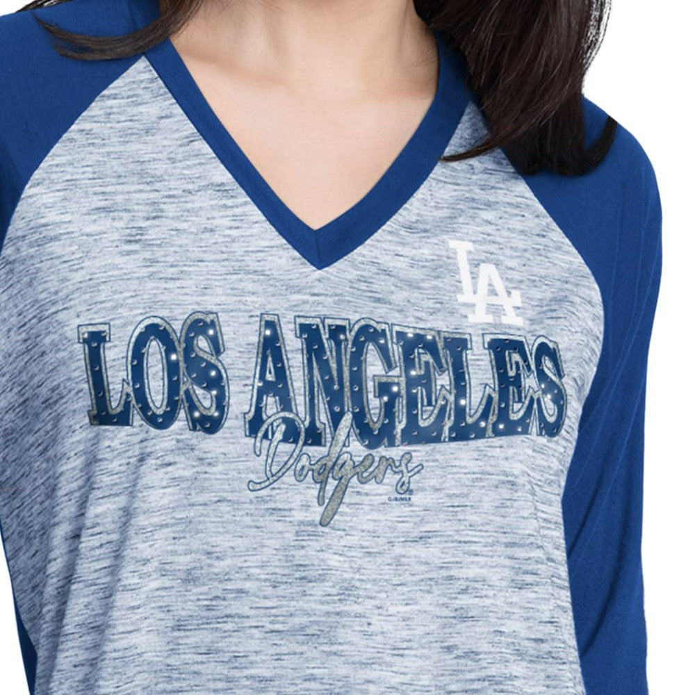 MLB Los Angeles Dodgers G-III 4Her by Carl Banks Women's Speed Training 3/4-Sleeve Rhinestone V-Neck T-Shirt