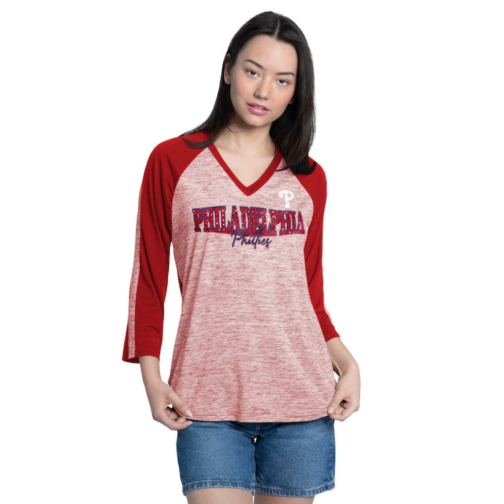 MLB Philadelphia Phillies G-III 4Her by Carl Banks Women's Speed Training 3/4-Sleeve Rhinestone V-Neck T-Shirt