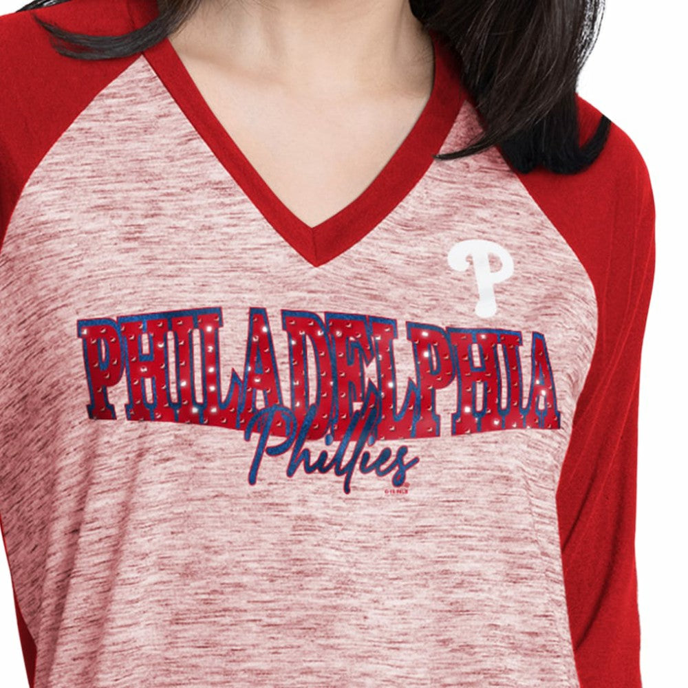 MLB Philadelphia Phillies G-III 4Her by Carl Banks Women's Speed Training 3/4-Sleeve Rhinestone V-Neck T-Shirt