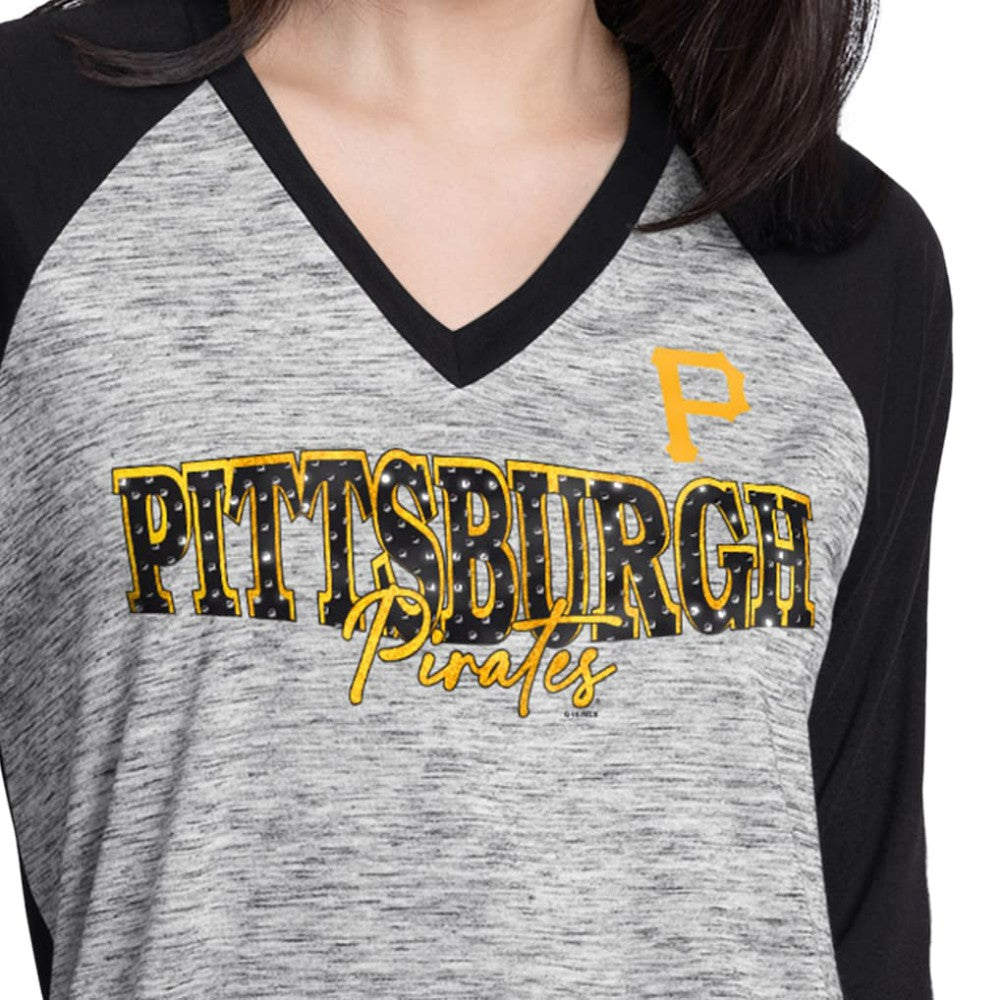 MLB Pittsburgh Pirates G-III 4Her by Carl Banks Women's Speed Training 3/4-Sleeve Rhinestone V-Neck T-Shirt