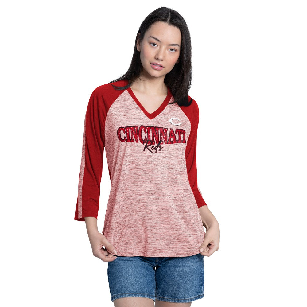 MLB Cincinnati Reds G-III 4Her by Carl Banks Women's Speed Training 3/4-Sleeve Rhinestone V-Neck T-Shirt