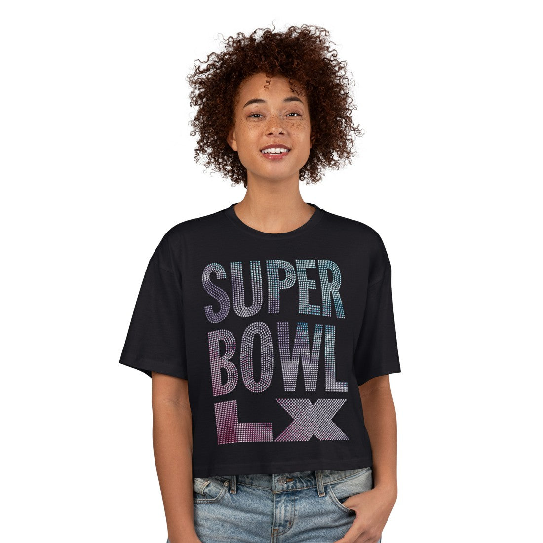 Super Bowl LX G-III 4Her by Carl Banks Women's Play Ball Oversized Rhinestone Cropped T-Shirt - New England Patriots