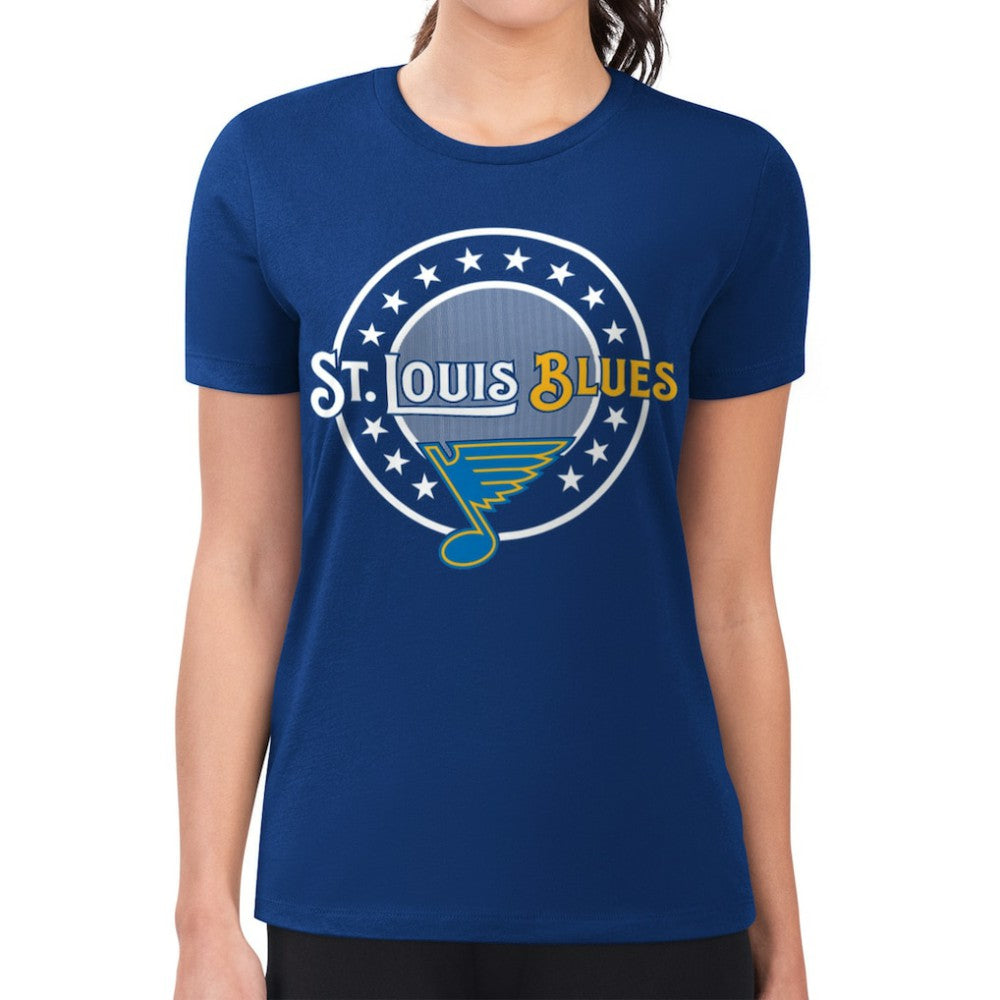 NHL Royal St. Louis Blues G-III 4Her by Carl Banks Women's Super-Slim Lightweight Pinstripe Circle Graphic T-Shirt