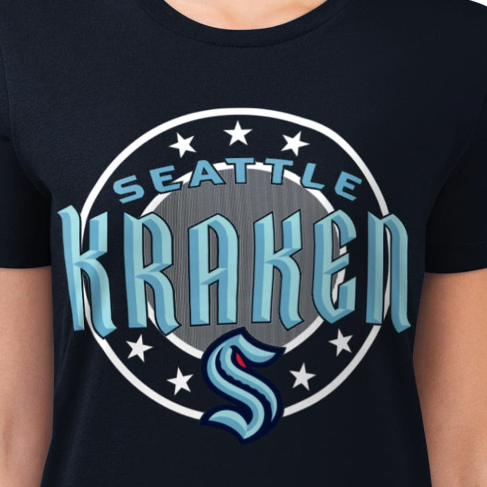 NHL Navy Seattle Kraken G-III 4Her by Carl Banks Women's Super-Slim Lightweight Pinstripe Circle Graphic T-Shirt