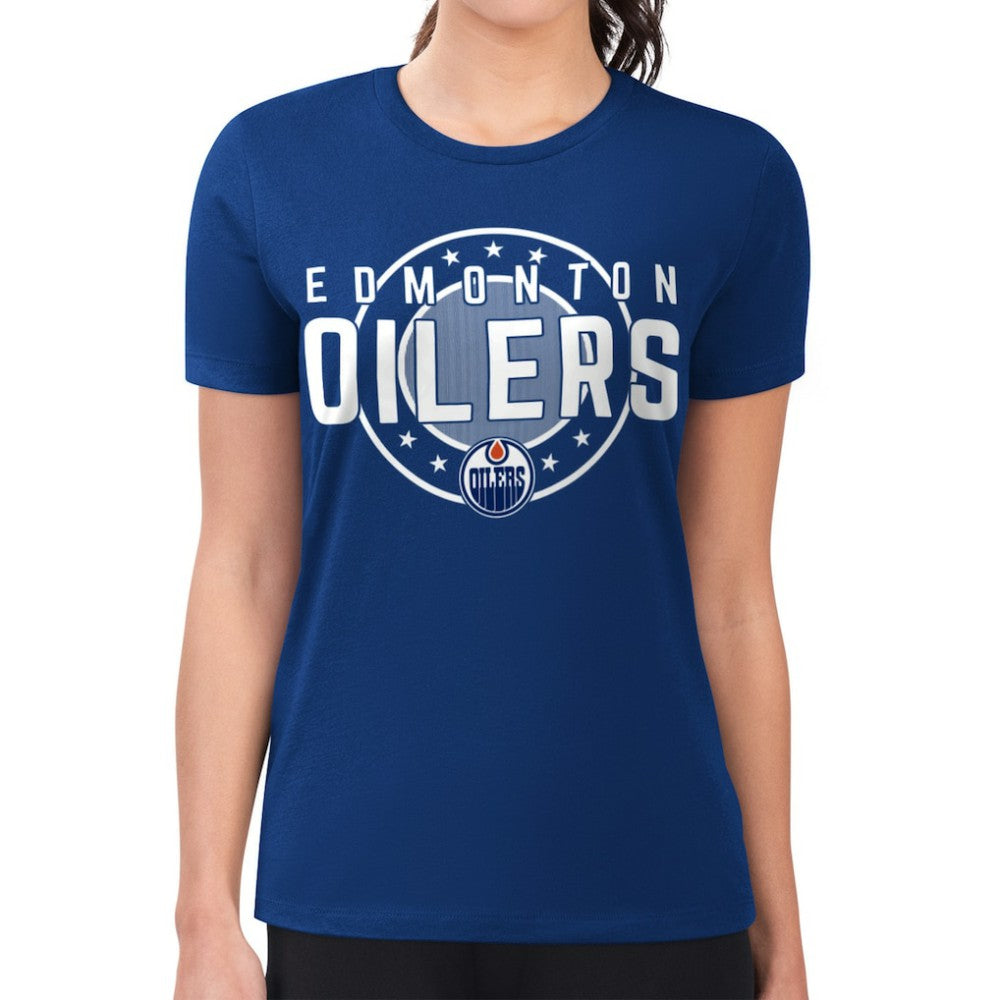 NHL Royal Edmonton Oilers G-III 4Her by Carl Banks Women's Super-Slim Lightweight Pinstripe Circle Graphic T-Shirt